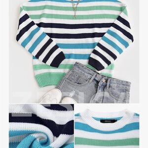 Zesica Women's Striped Crew Neck Sweater - Blue, Green, White